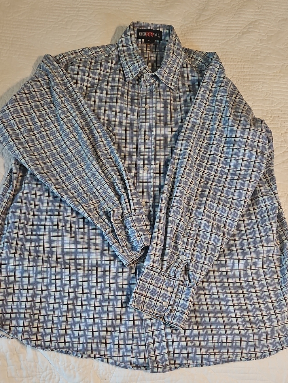 BOCOMAL FR Men's Blue Plaid Long-Sleeve Dress Shirt - Button Front